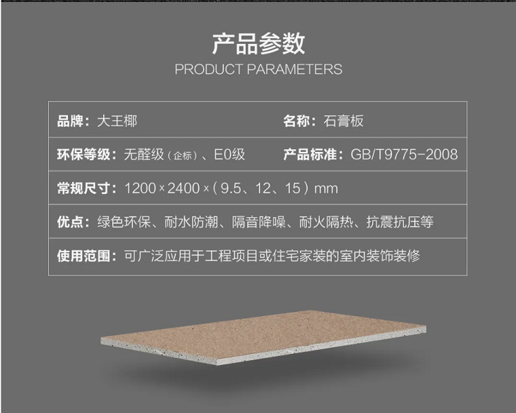 大牌专用更高性能的大王椰石膏板