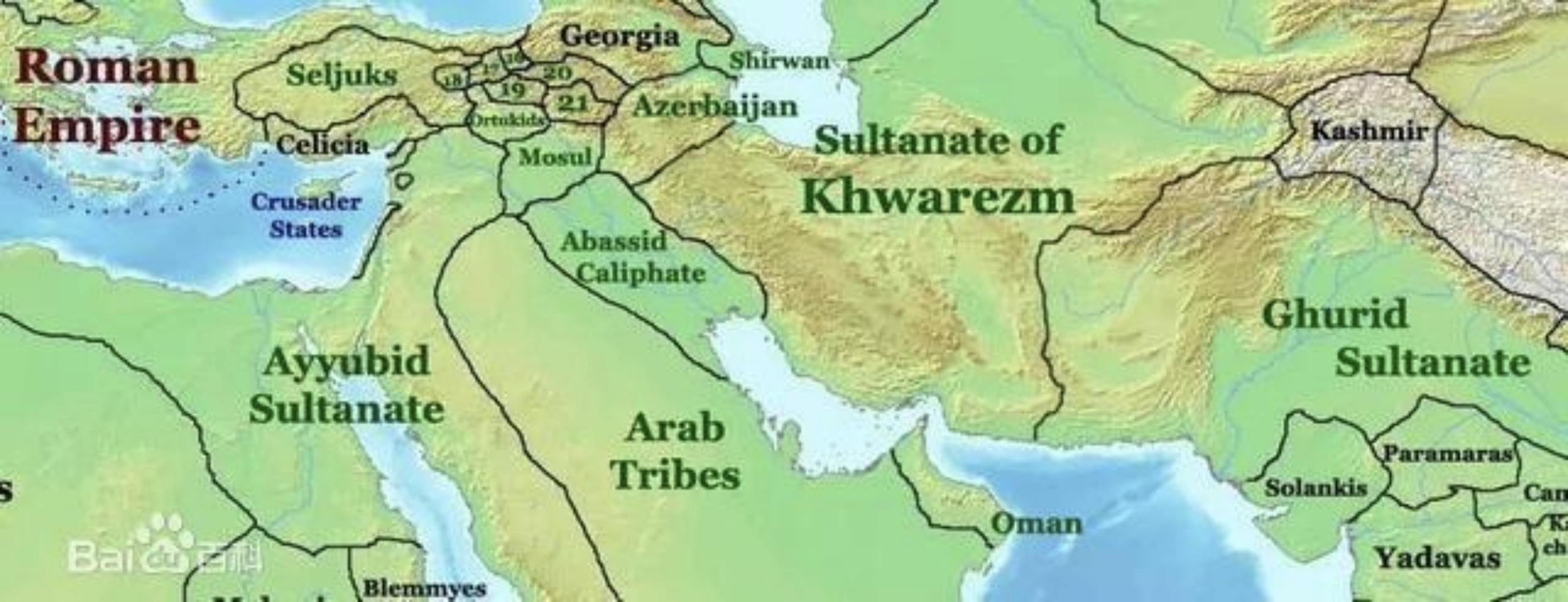 图中 Sultanate of Khwarezm 就是花拉子模苏丹国。Abassid Caliphate 就是阿巴斯哈里发国。 图中 Sultanate of Khwarezm 就是花拉子模苏丹国。Abassid Caliphate 就是阿巴斯哈里发国。