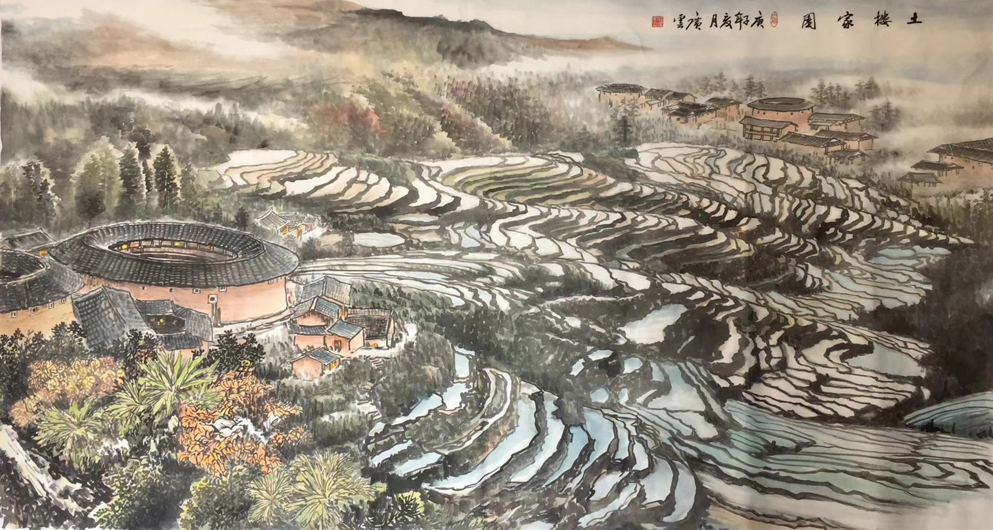庄广云国画作品 《土楼家园》▲ 庄广云国画作