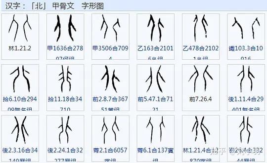 北:甲骨文,金文,戰國文字,篆文都像兩人背對站立的樣子,所以表示相互