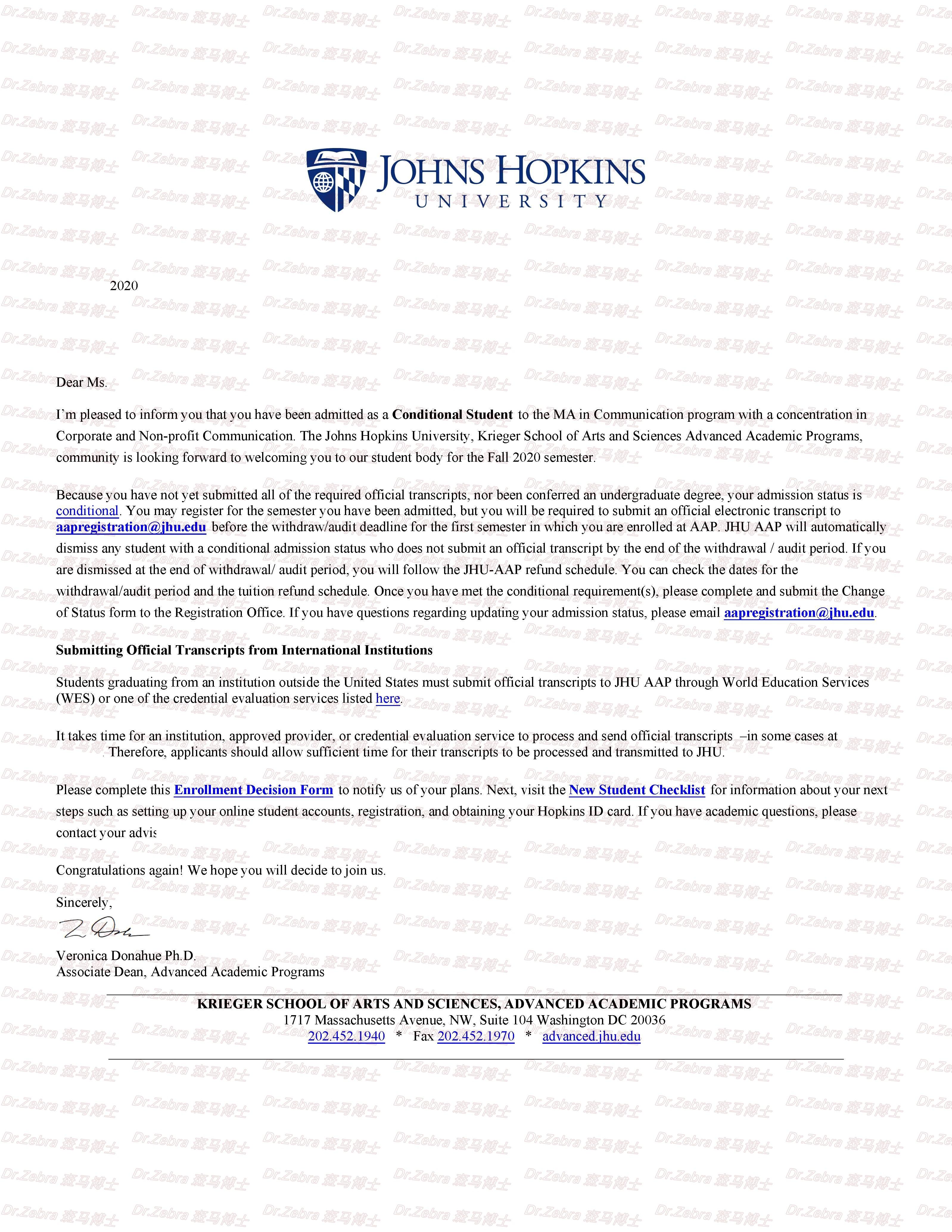 斑马博士捷报约翰霍普金斯大学Johns Hopkins University(JHU)MA in Communication传播学硕士录取