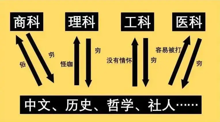 > 法科 = 医学 > 理科 > 工 科 > 文科=哲学>艺术类>农科的鄙视链可以