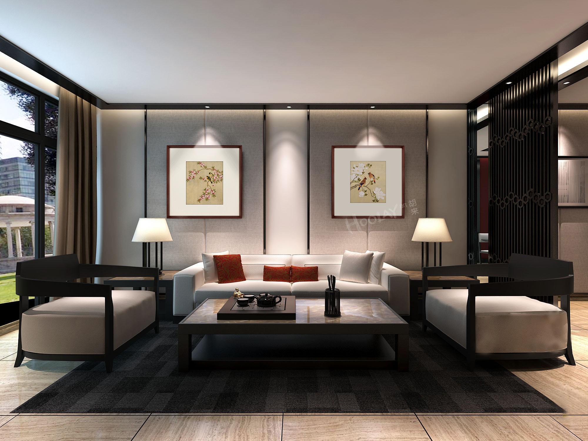 现代中式风格200平别墅客厅沙发背景墙装修效果图_别墅设计图