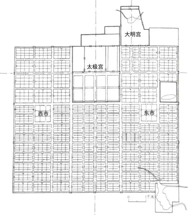 城中按里坊制划分街区,共有109个里坊(图1,长安城平面图.