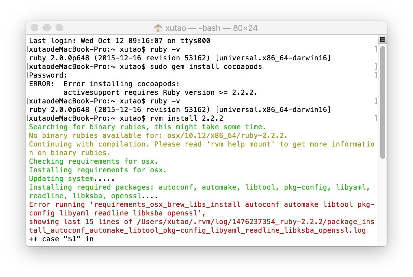 在 Macpro上安装cocoapods,升级Ruby2.2.2失