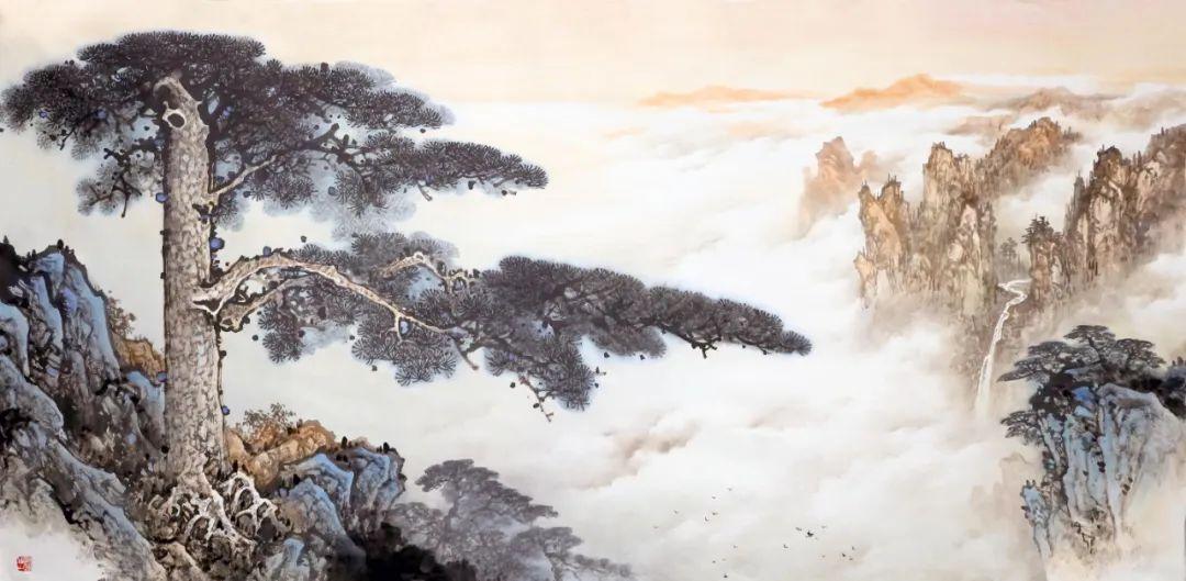 彩墨名家杨天佑迎客松彩墨画中的山水神韵与绘画智慧