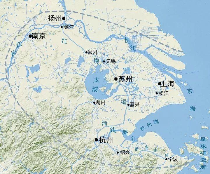 (江南范围示意图;制图@刘昊冰/星球研究所,底图源自@mapbox)此处的