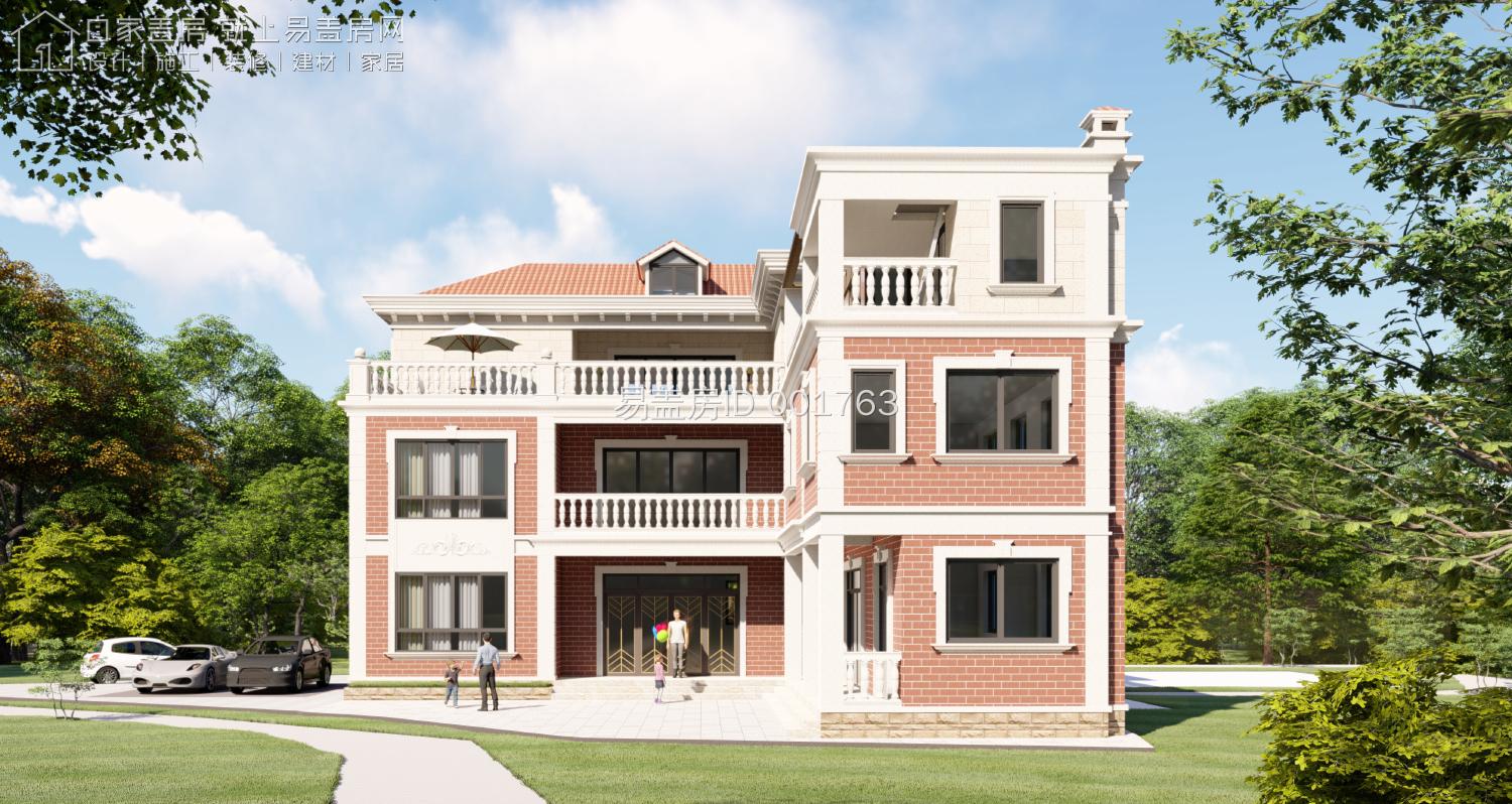 南侧效果图建筑整体为欧式风格,立面采用大量的双色真石漆和文化石