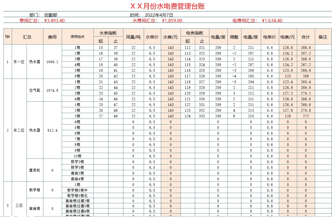 出租水電費收取excel模板分享