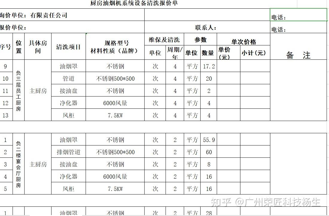 厨房油烟机系统设备清洗报价单