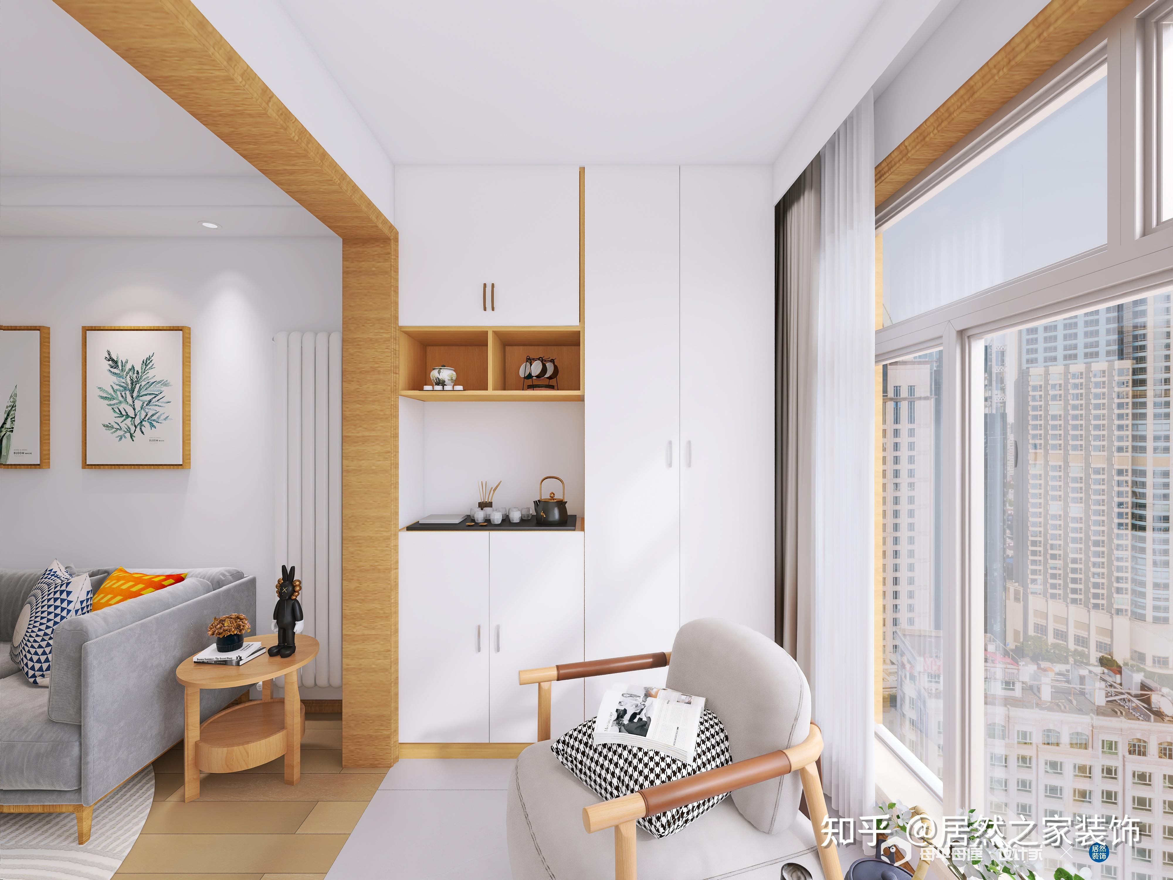原木色的地板,配以白色的墙面,加上线条简洁的装饰收纳柜.