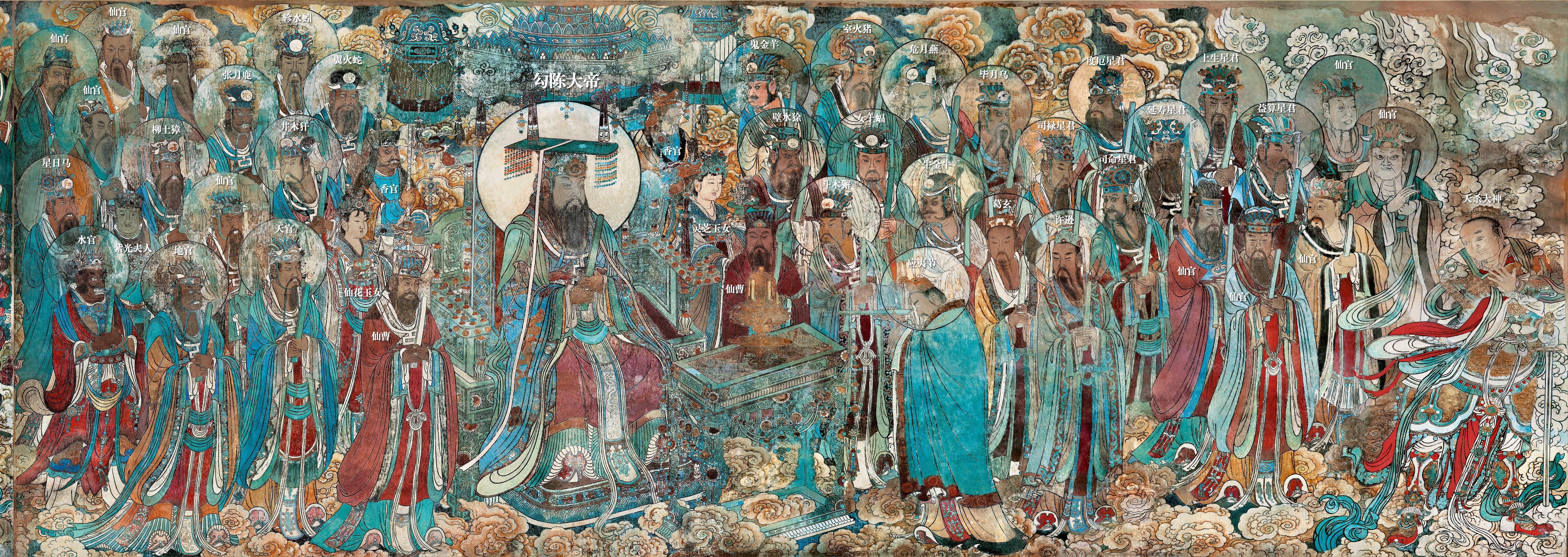 山西永乐宫三清殿-元代壁画《朝元图》:290位神仙,浩荡朝拜道祖,满壁