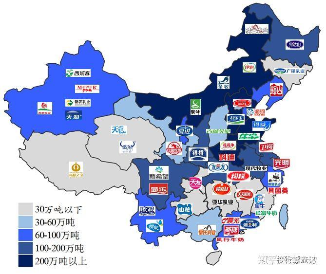 (二)中国知名乳企分布图d20,指中国奶业20强企业,是中国奶业协会2015