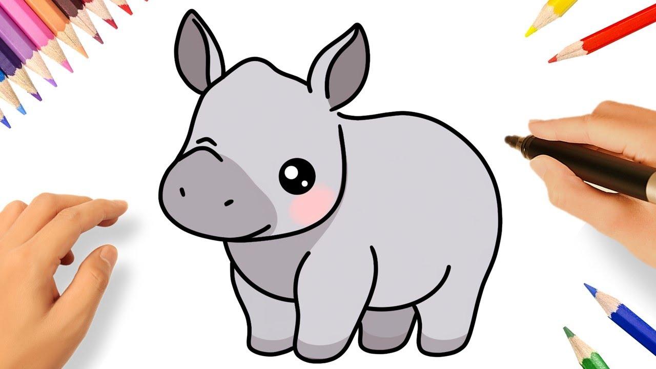 儿童简笔画第一套50集第7集可爱犀牛从线稿到上色参考