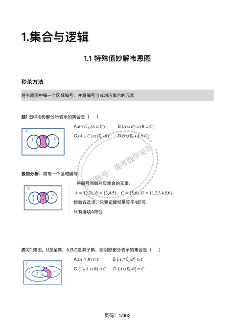 集合与逻辑 1.1特殊值妙解韦恩图 1.2子集个数公式的妙用 1.