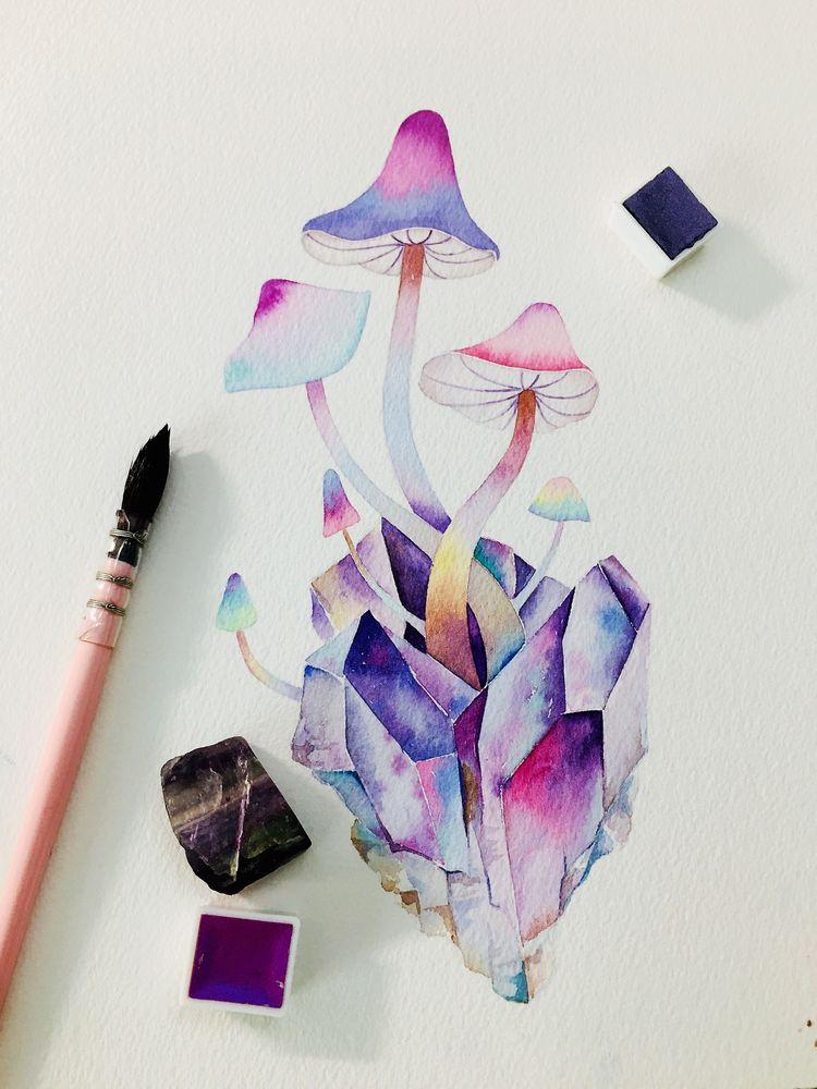 成人美术 | 水彩多色渐变训练,梦幻色彩的水晶蘑菇