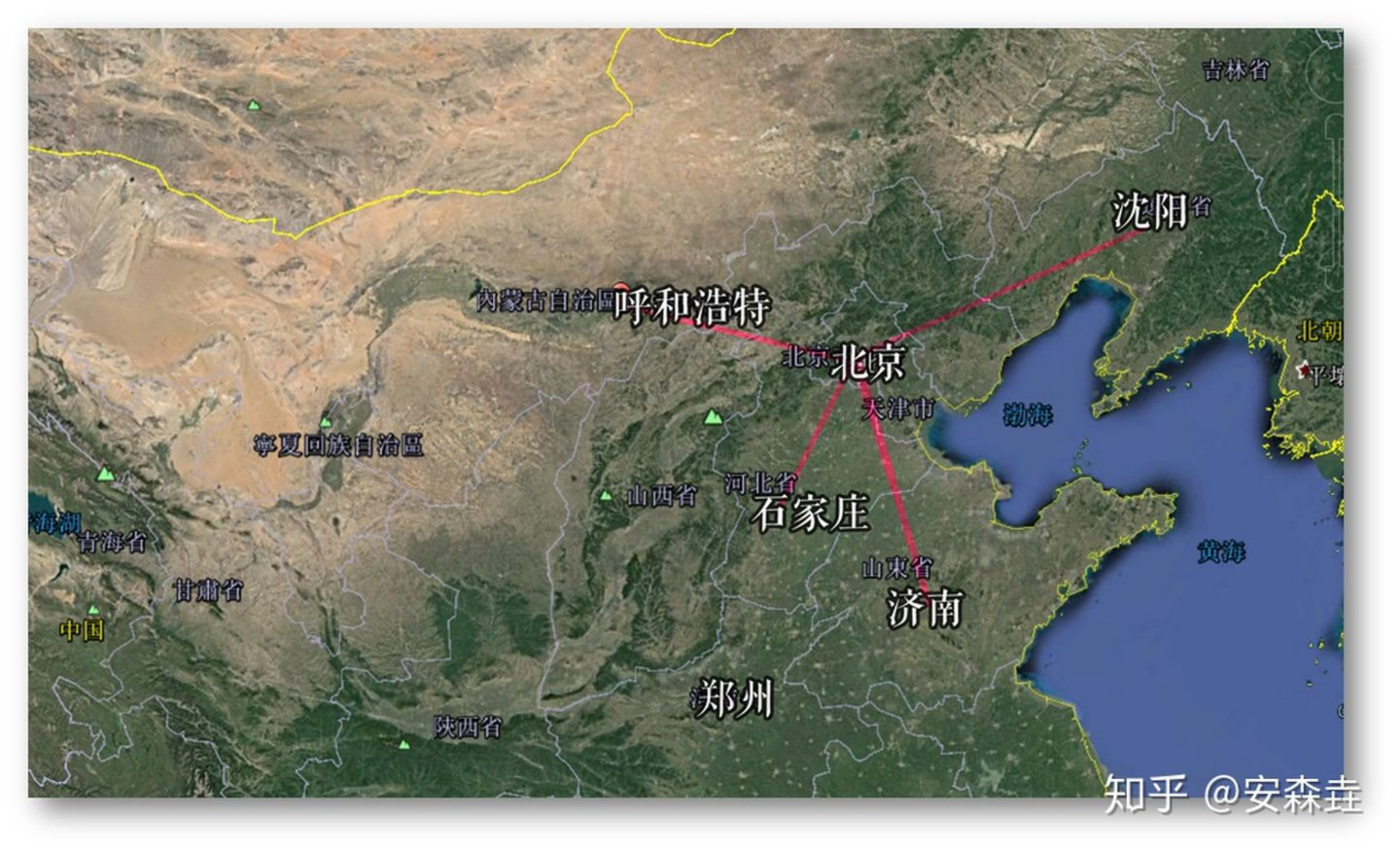 图 12：北京到蒙古、东北、华北几个方向的距离示意图