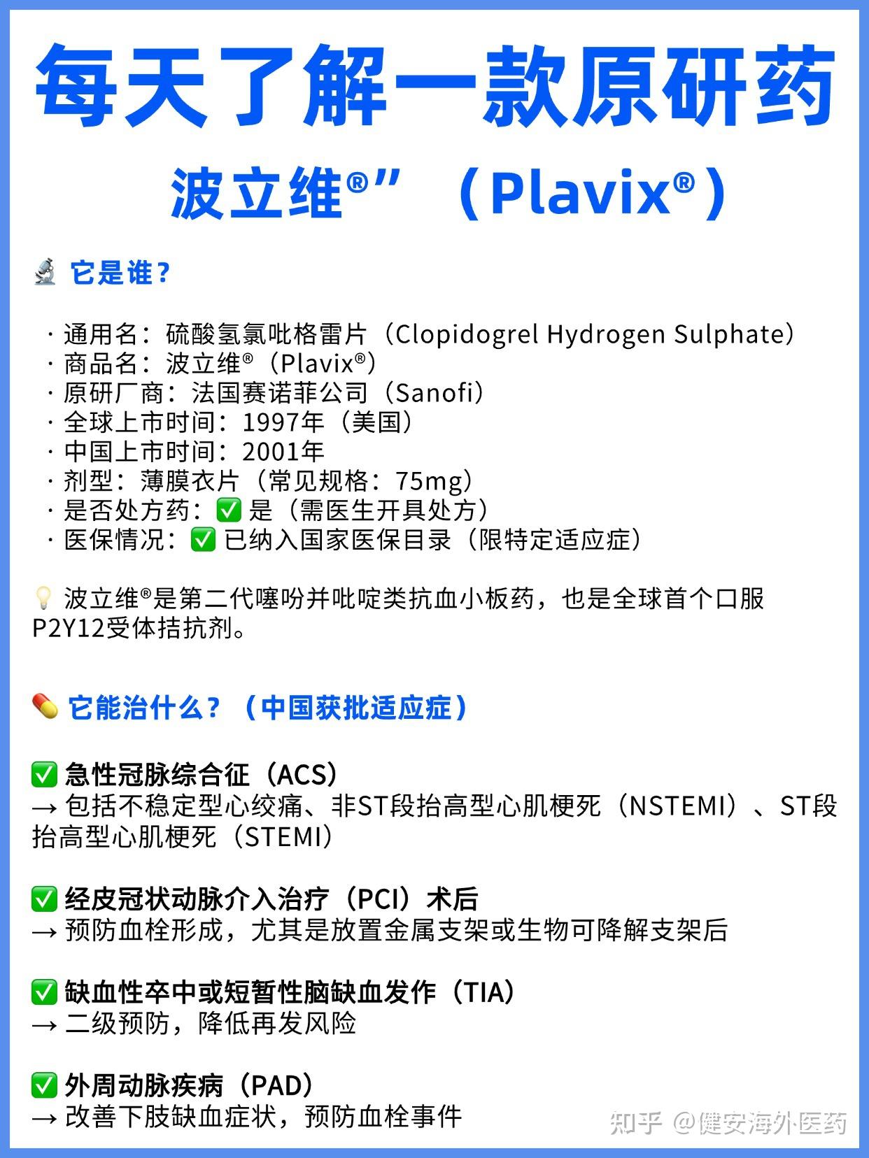 每天了解一款原研药|波立维®(硫酸氢氯吡格雷):抗血小板药物使用核心指南 - 知乎