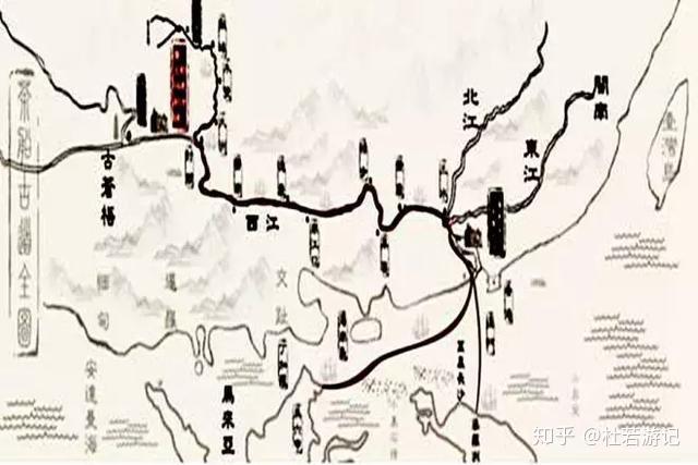 从六堡镇出发到达广州十三行,再经由海上丝绸之路,最终到达南洋.