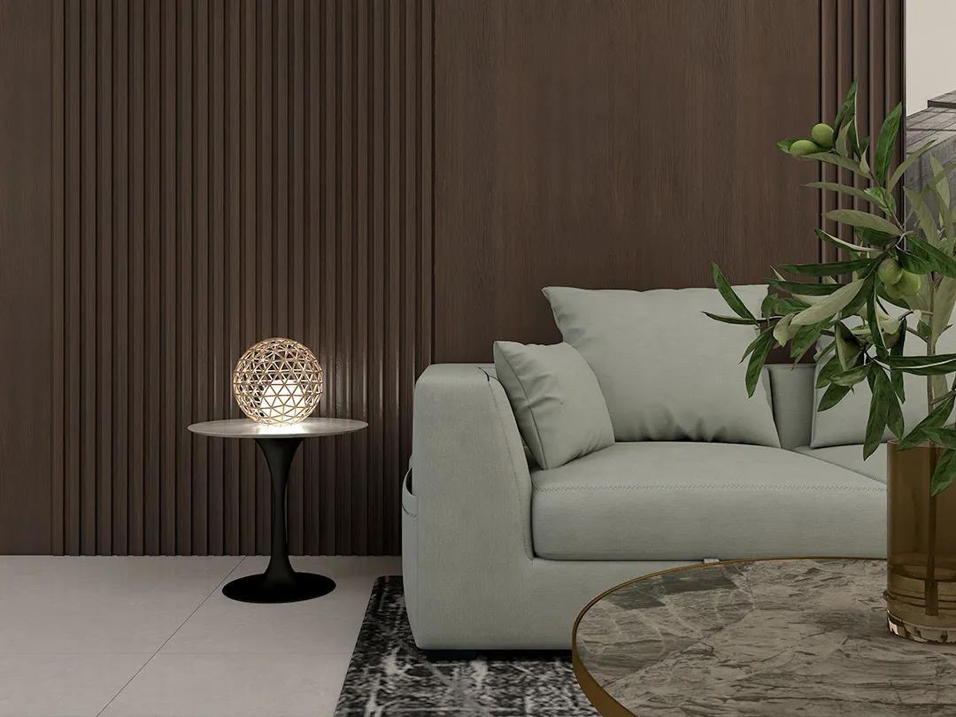 烟熏橡木护墙板,不论是色彩还是线条都十分的柔和,白鲸灰沙发的搭配