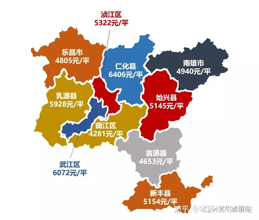 看下韶关房价地图,均价为6379元/㎡,房价以行政区为维度