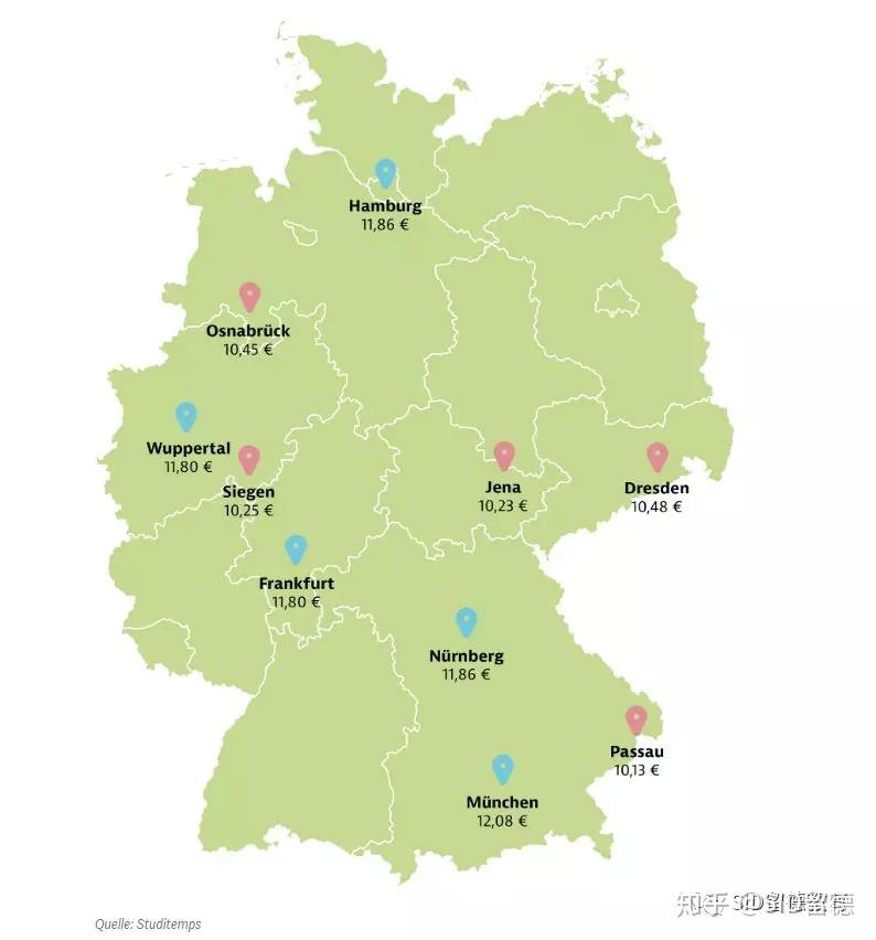 平均时薪最低在德累斯顿;奥斯纳布吕肯;辛根;耶拿;帕绍等地.