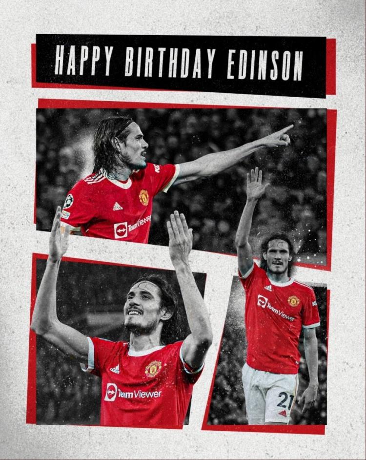 曼联官方祝卡瓦尼35岁生日快乐为红魔出战54场19球7助