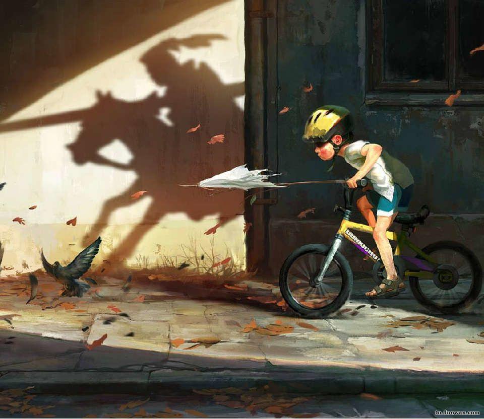 小孩骑自行车影子骑马图片