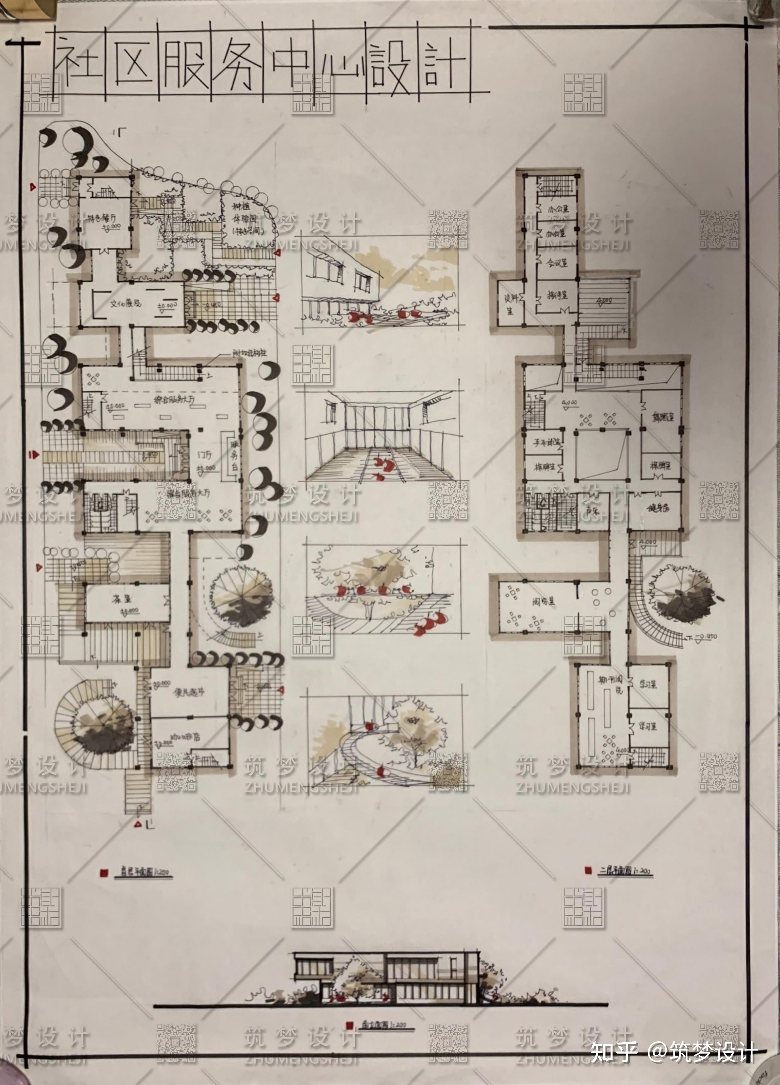 2,屋頂花園的設計使新建建築融於環境之中3,架空的體塊處理手法;大