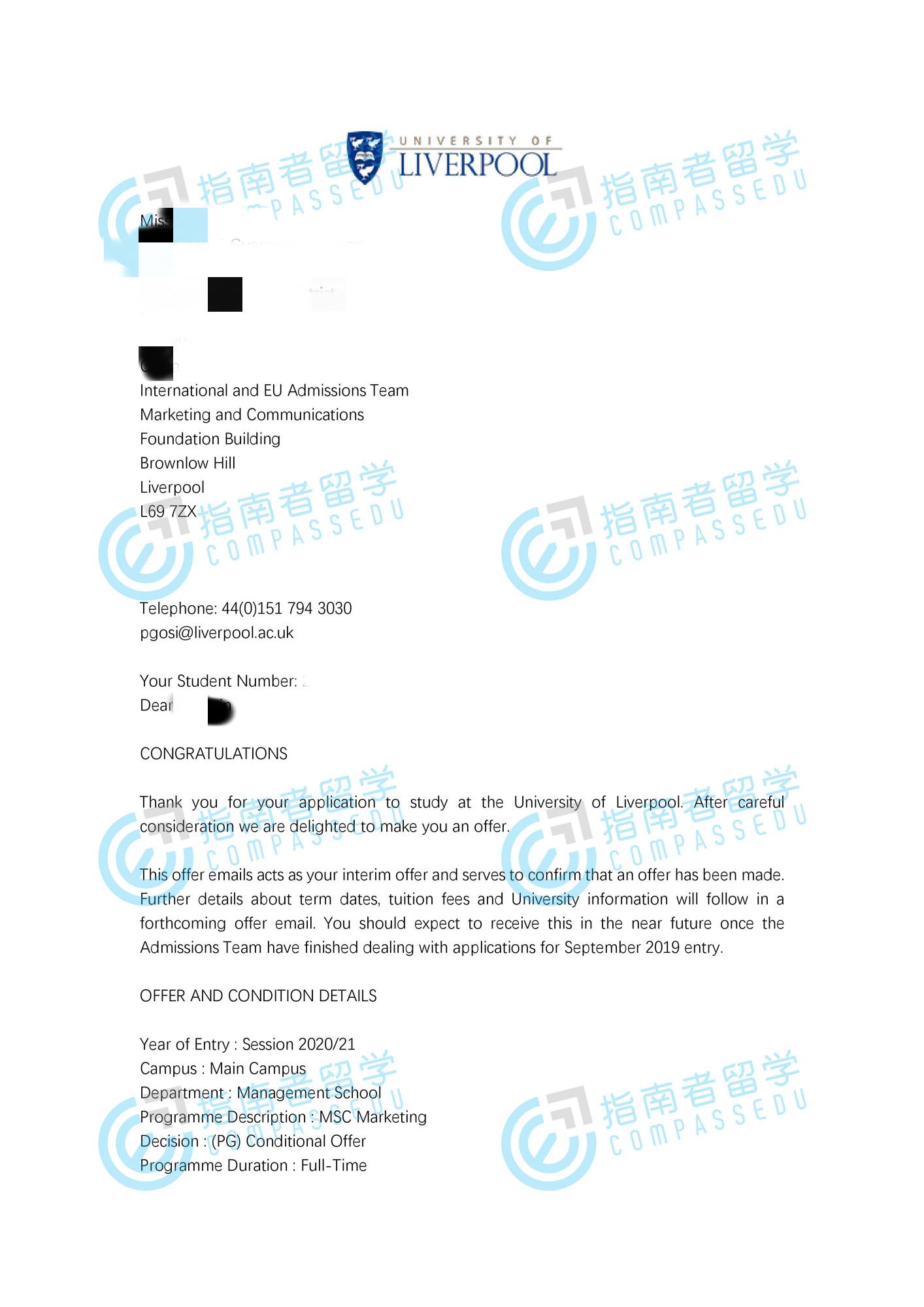 利物浦大学市场营销理学硕士研究生offer一枚