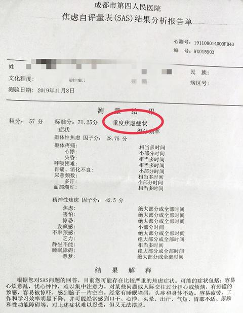 去成都市第四人民医院做了检查还有心理测试,诊断为重度抑郁症,重度