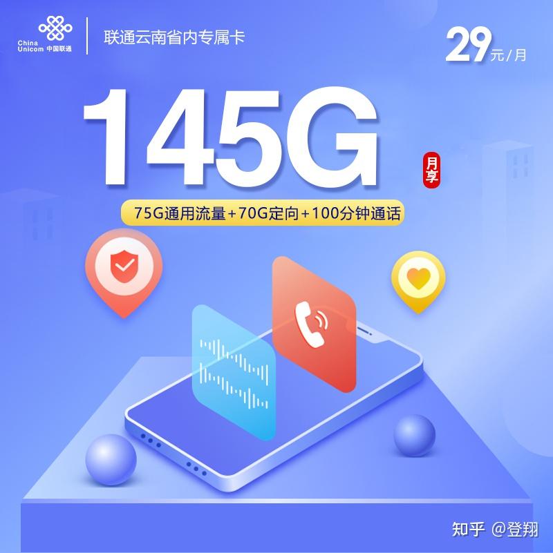 云南联通上架了!流量卡29元145G流量+100分钟通话!长期套餐!只发云南