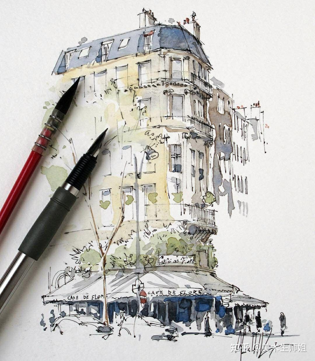 钢笔淡彩风景 - 知乎