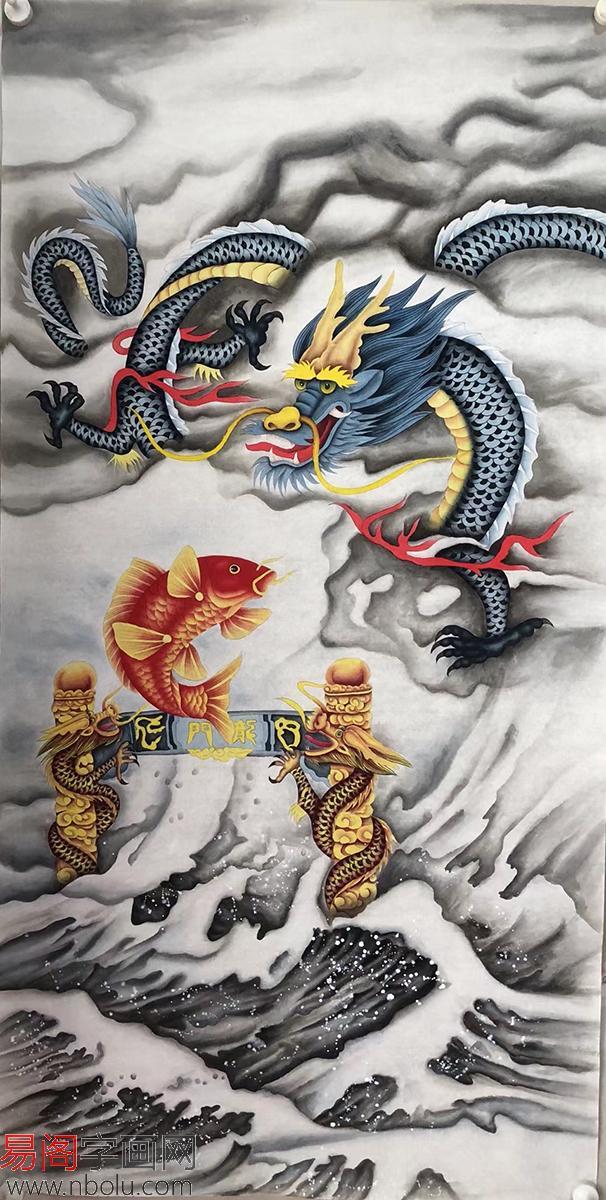 王振兴工笔动物画四尺竖幅《鲤鱼跳龙门》作品来源:易阁字画3.