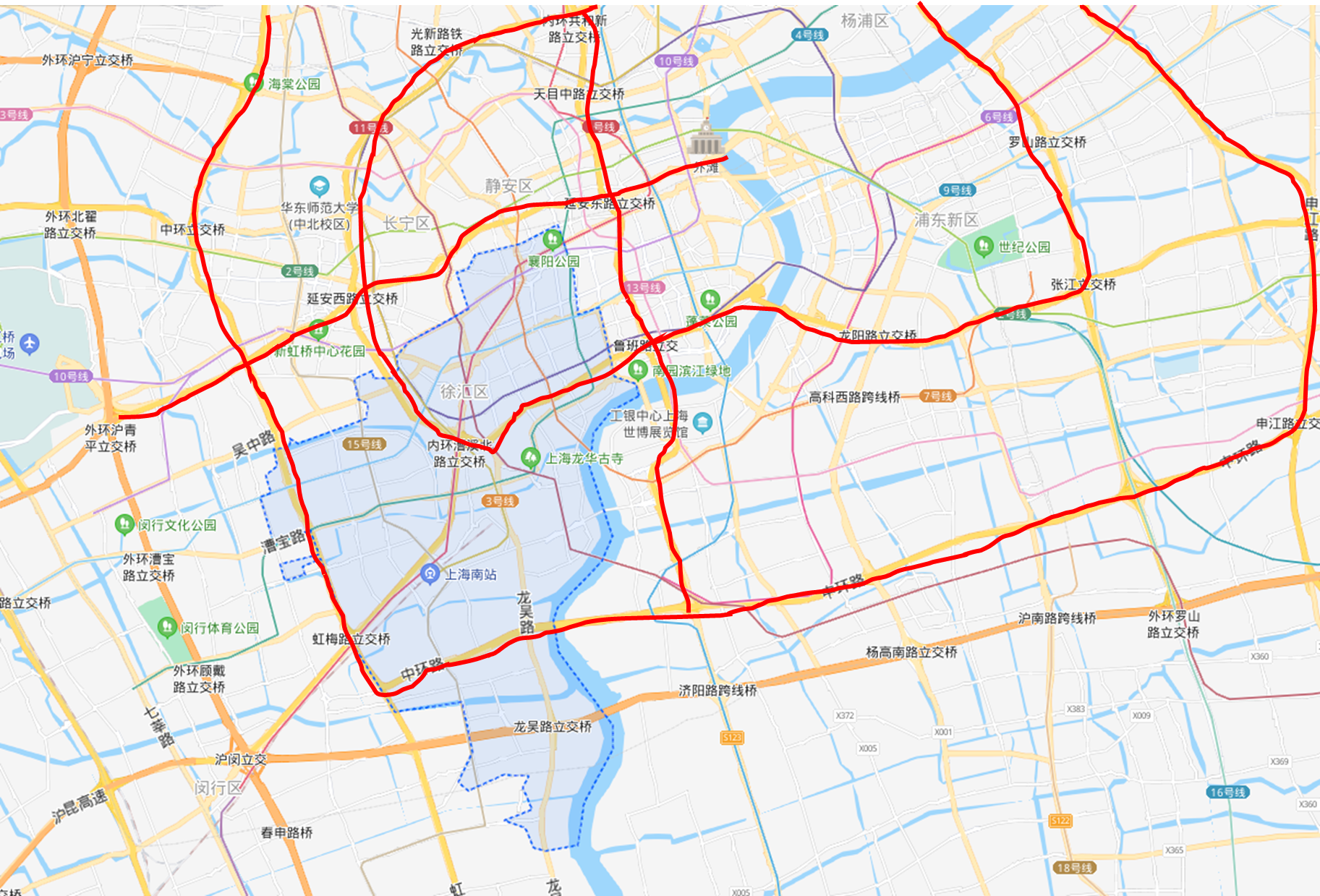 上海市区地理位置以市区高架为参考