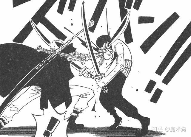 一阵眼花缭乱的对抗之后,鹰眼看准索隆的破绽,一刀捅进索隆的胸口.