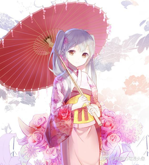 二次元和风美图欣赏打扮华丽笑容甜美手持竹伞的小姑娘