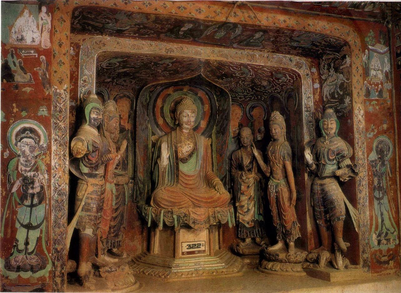 神游千年大美敦煌初唐322窟西龛彩塑配壁画飞天热烈南北壁千佛簇拥