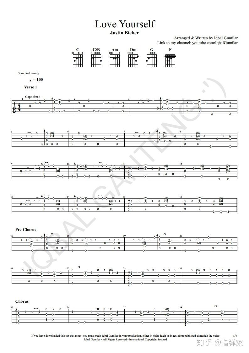 附谱loveyourself爱自己吉他指弹独奏