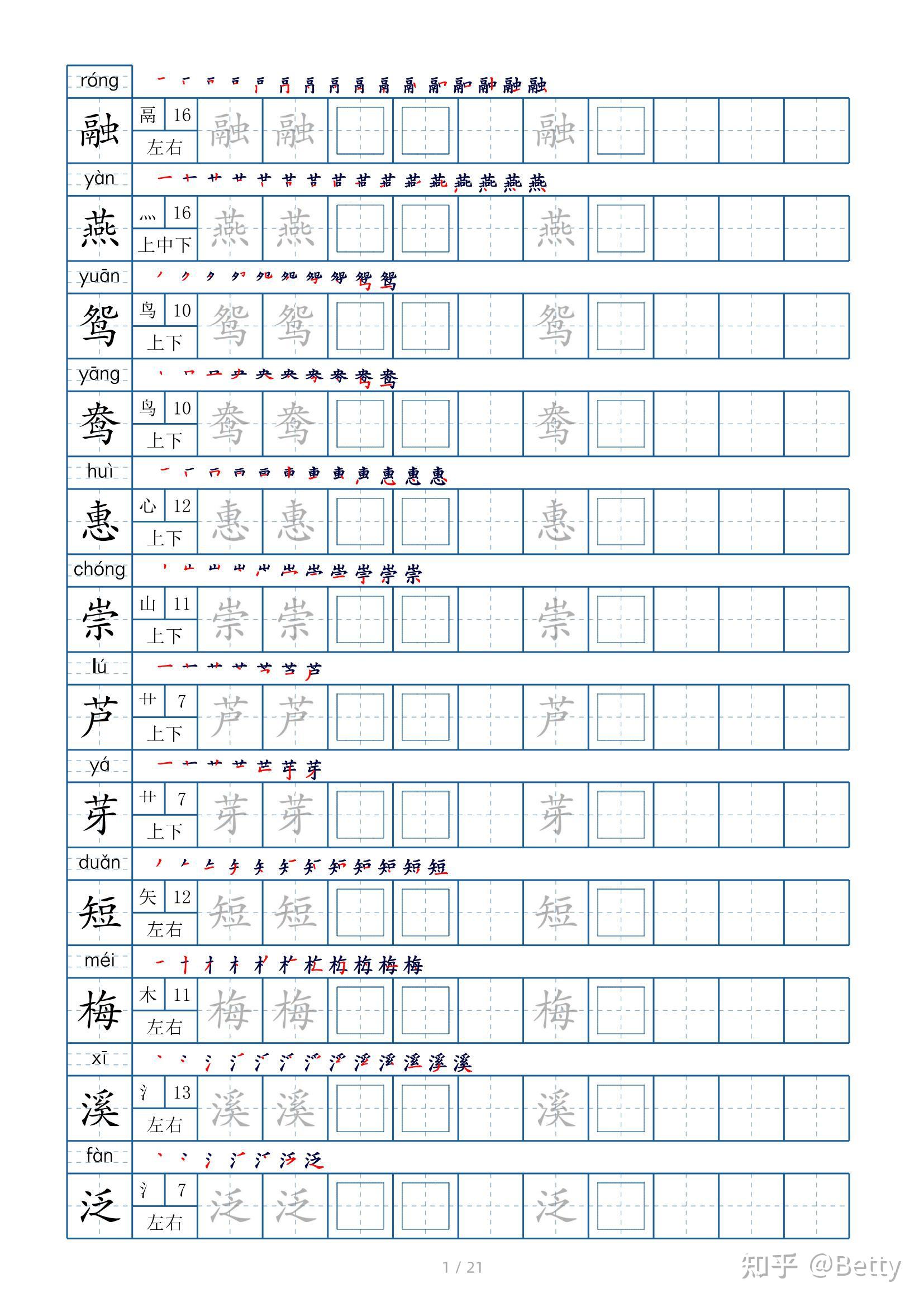 三年级下册生字表250个,字帖21页(偏旁部首+笔顺+拼音)丨电子版可下载 - 知乎