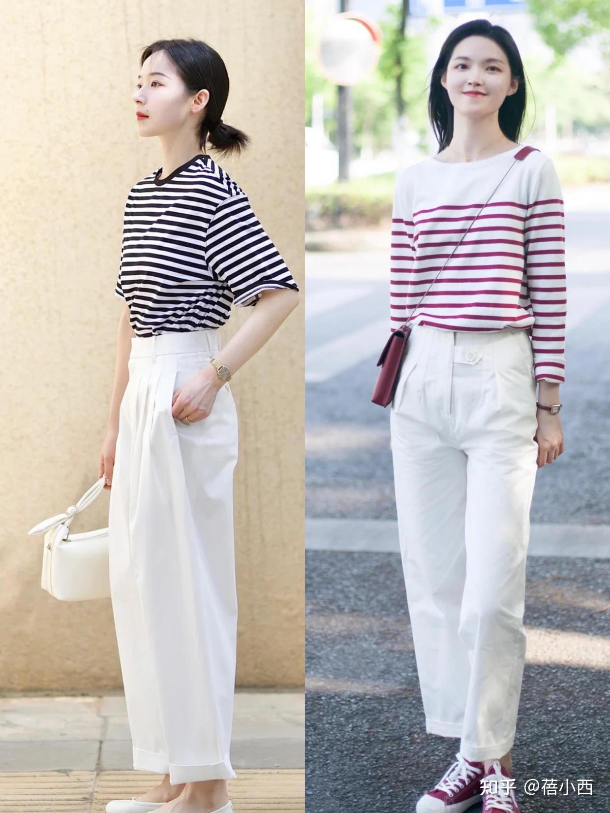 条纹衫搭配阔腿腿裤这样的造型大家可以大胆地安排起来,而夏天也可以