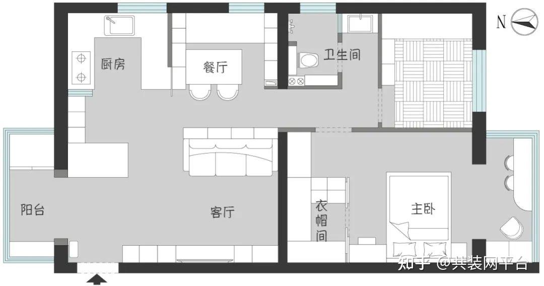 76平两室一厅户型图图片