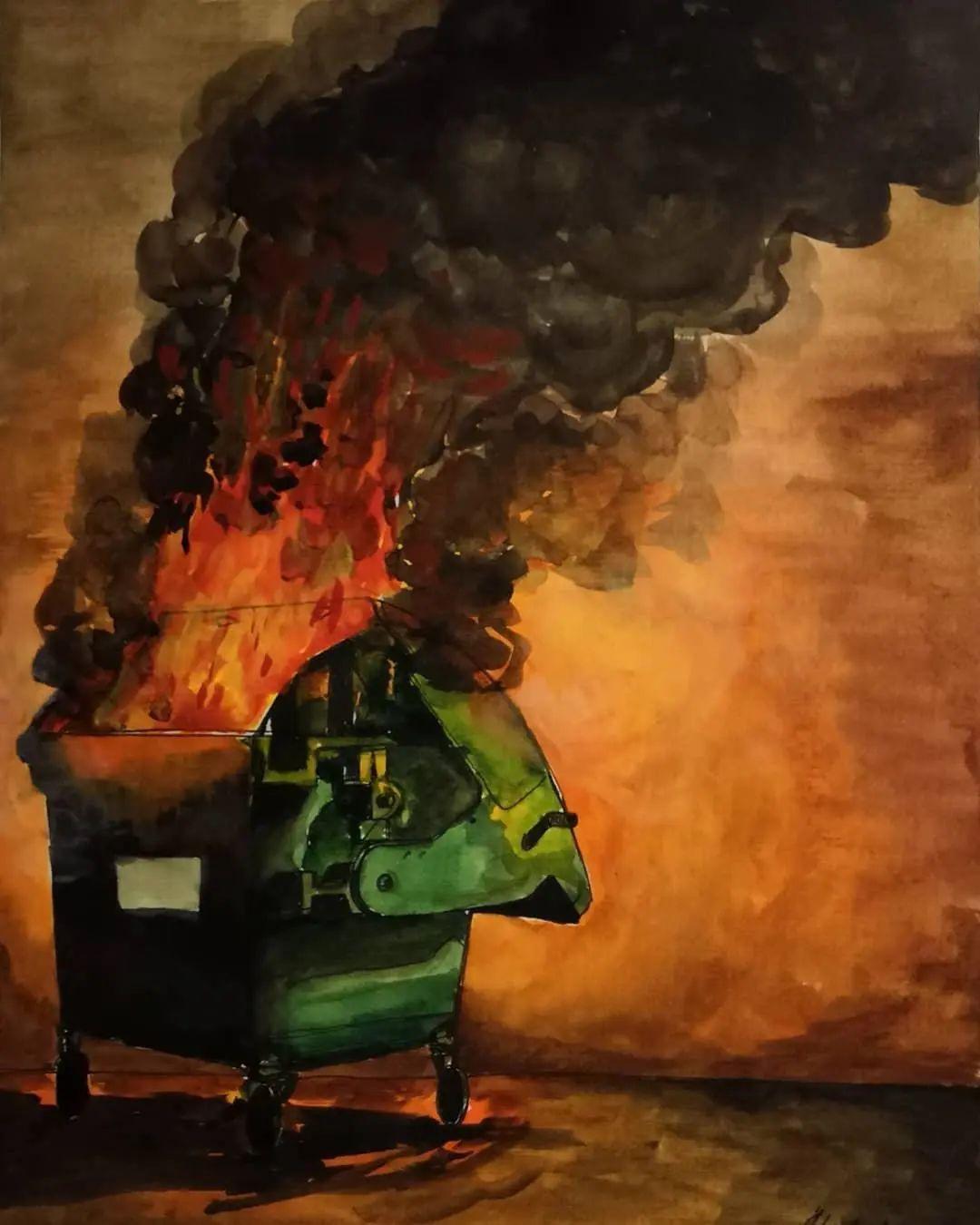 下来我们就一起欣赏一下这位艺术家创作的一系列逼真的着火厚涂油画吧