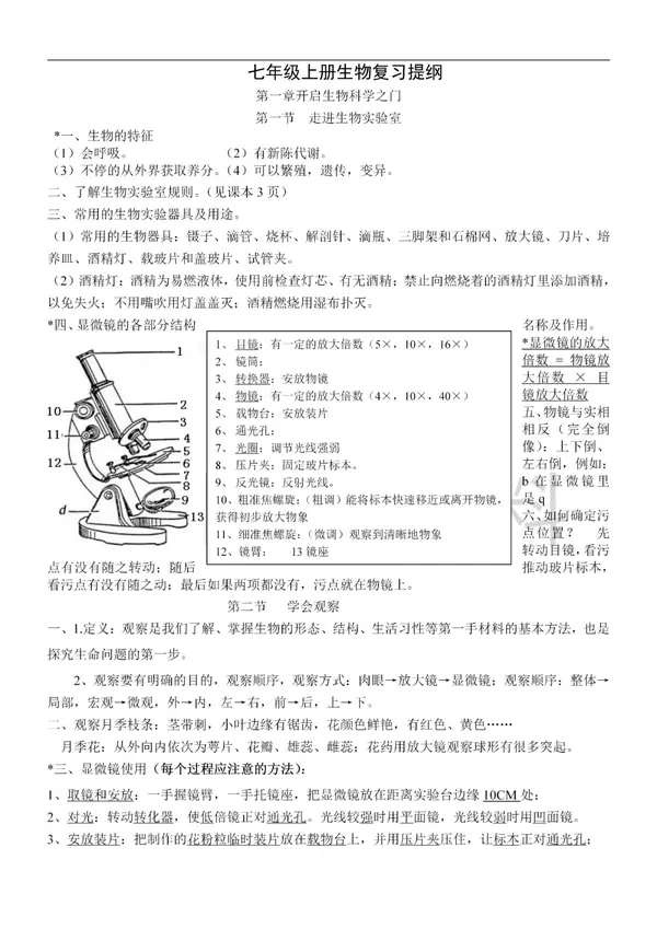 初中生物冀教版冀少版七年級上冊生物知識點總結