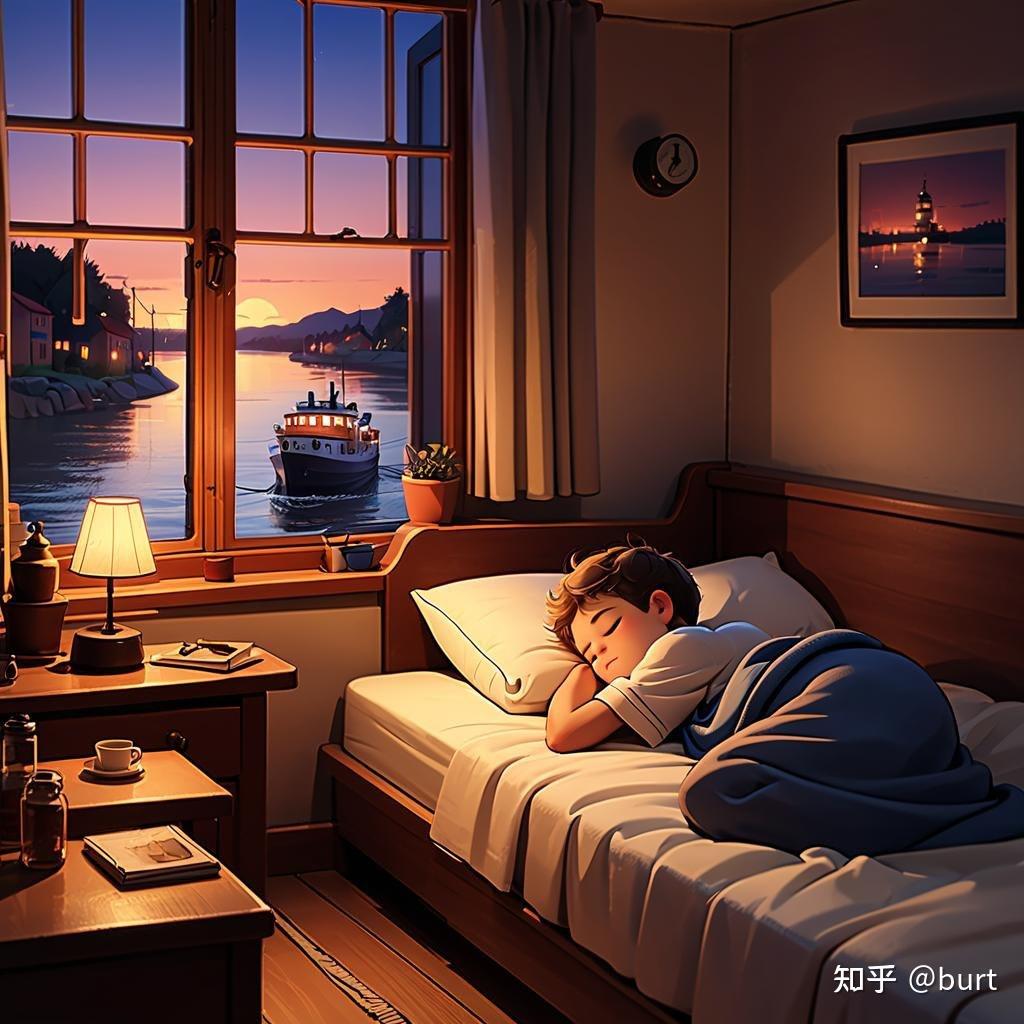 谁呢找到一个傍晚窗户外江河轮船,男生躺床上睡觉的卡通图片?