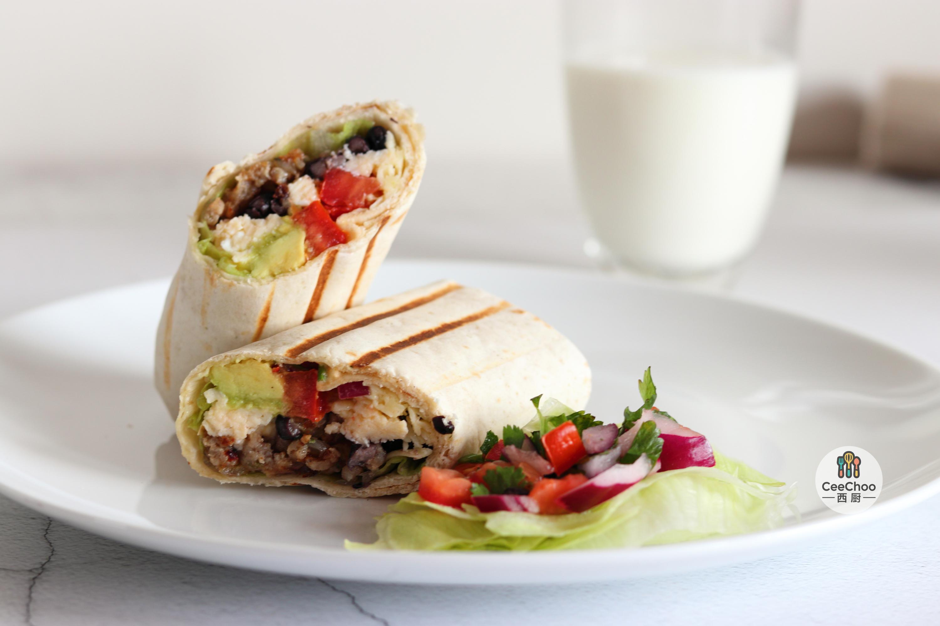 breakfast burrito 墨西哥卷(burrito)是用墨西哥饼皮(tortilla)将