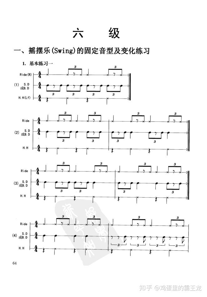 下面是一些swing的练习swing节奏的基本打法为右手打击固定拍镲(ride