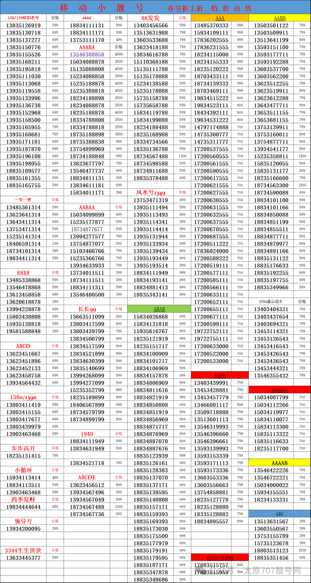 太原移动1390351老号码,区号老号三月更新,太原手机靓号.