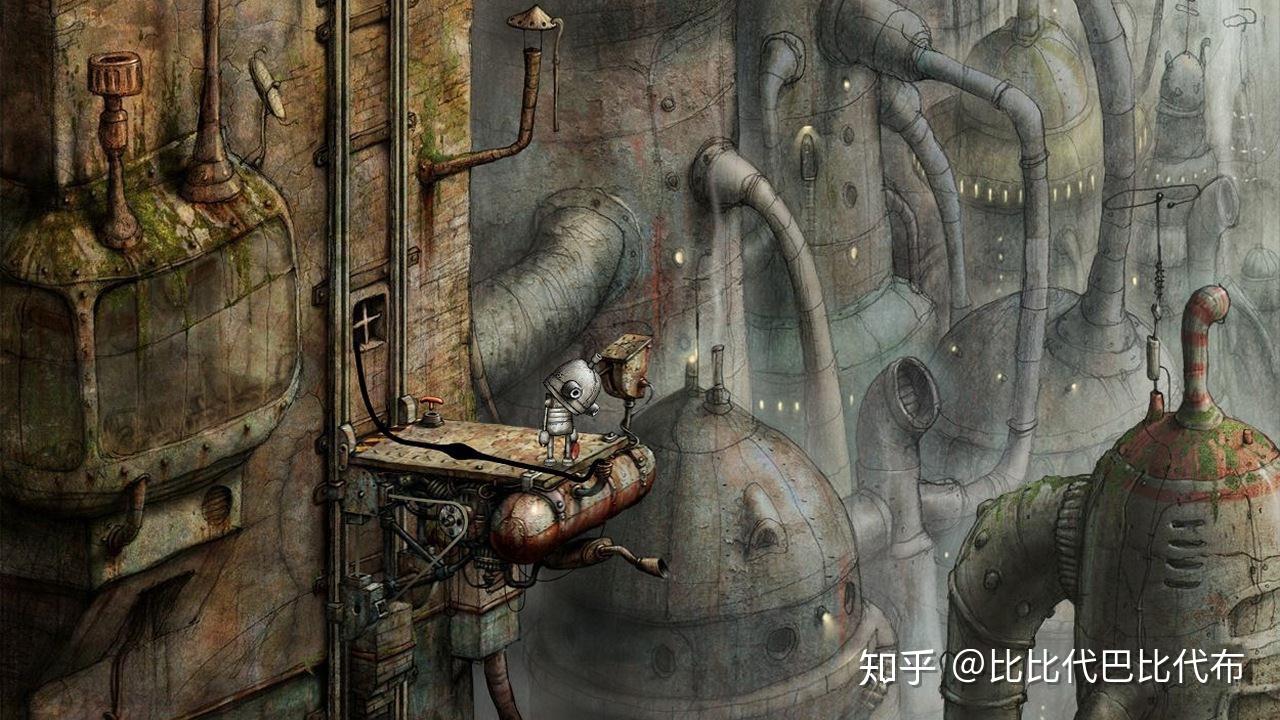 《机械迷城》采用2d背景和人物,没有文字对白,全部由手工绘制的游戏