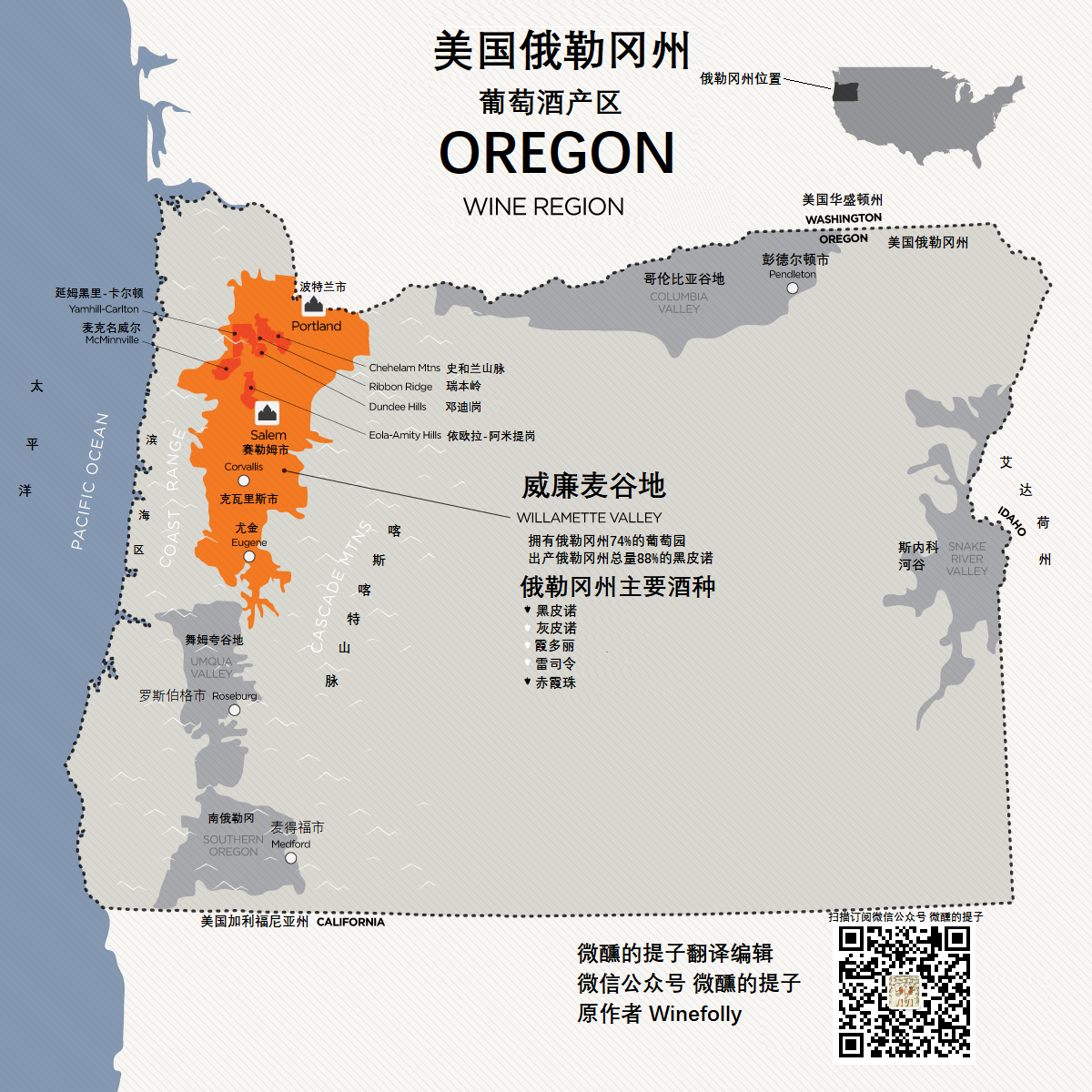 一张图读懂美国俄勒冈葡萄酒产区